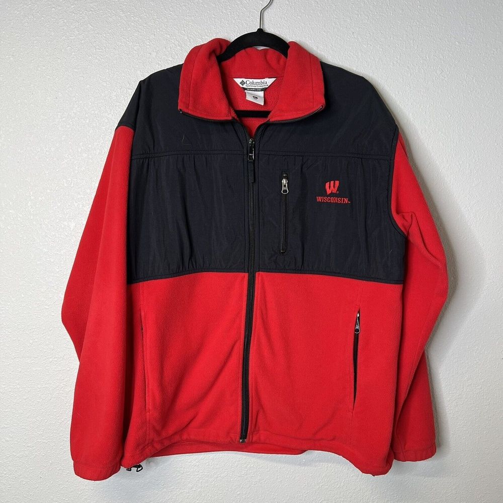 Columbia Fleece Jacket Wisconsin Badgers Mens XL Red/Black Full Zip Emroidered